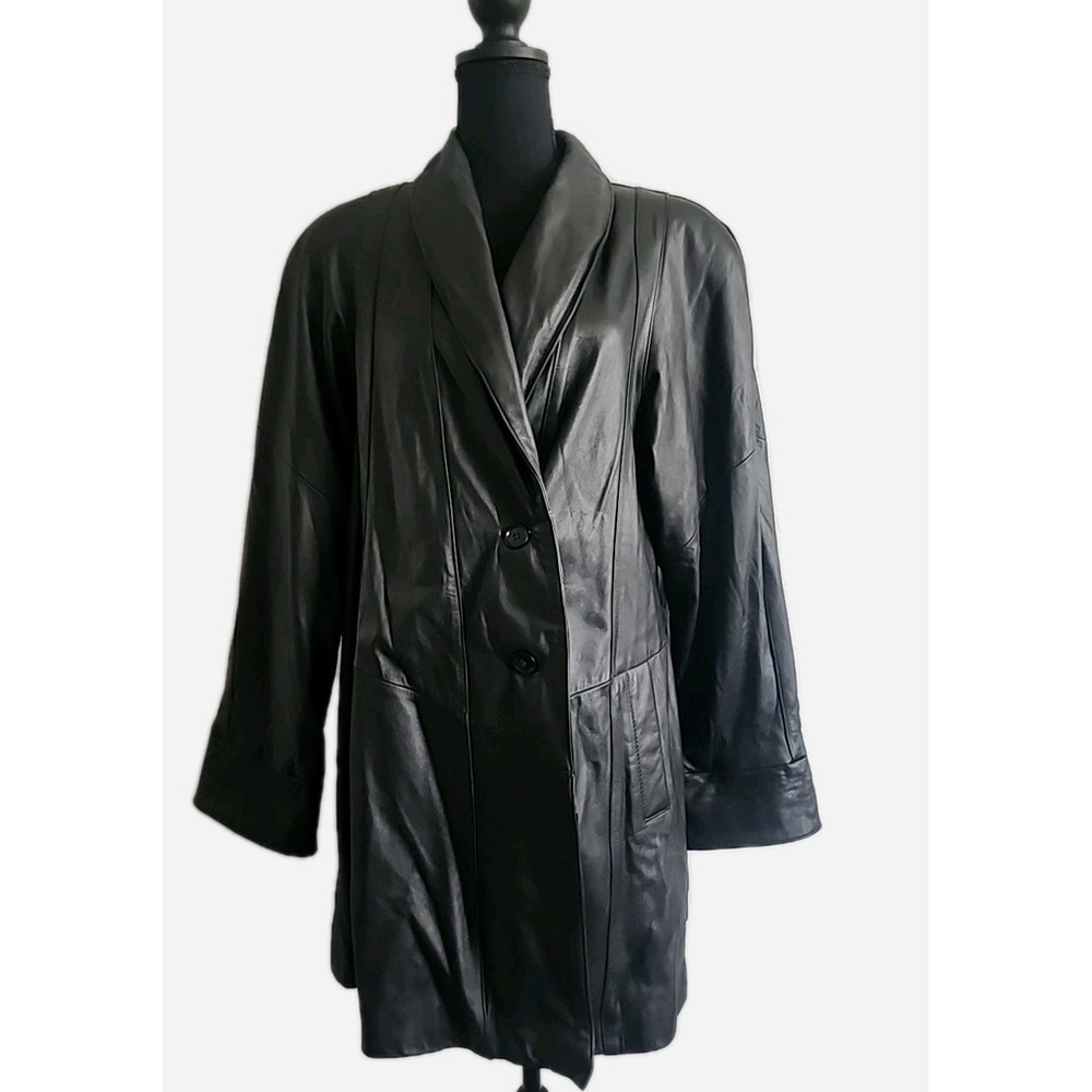 Vintage Wilsons Leather Jacket Womens S Black Long Trench 80's Shoulder Pads